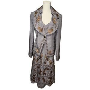 Vintage J Song Collection Grey & Bronze Embroidered Dress & Blazer Suit Sz 10
